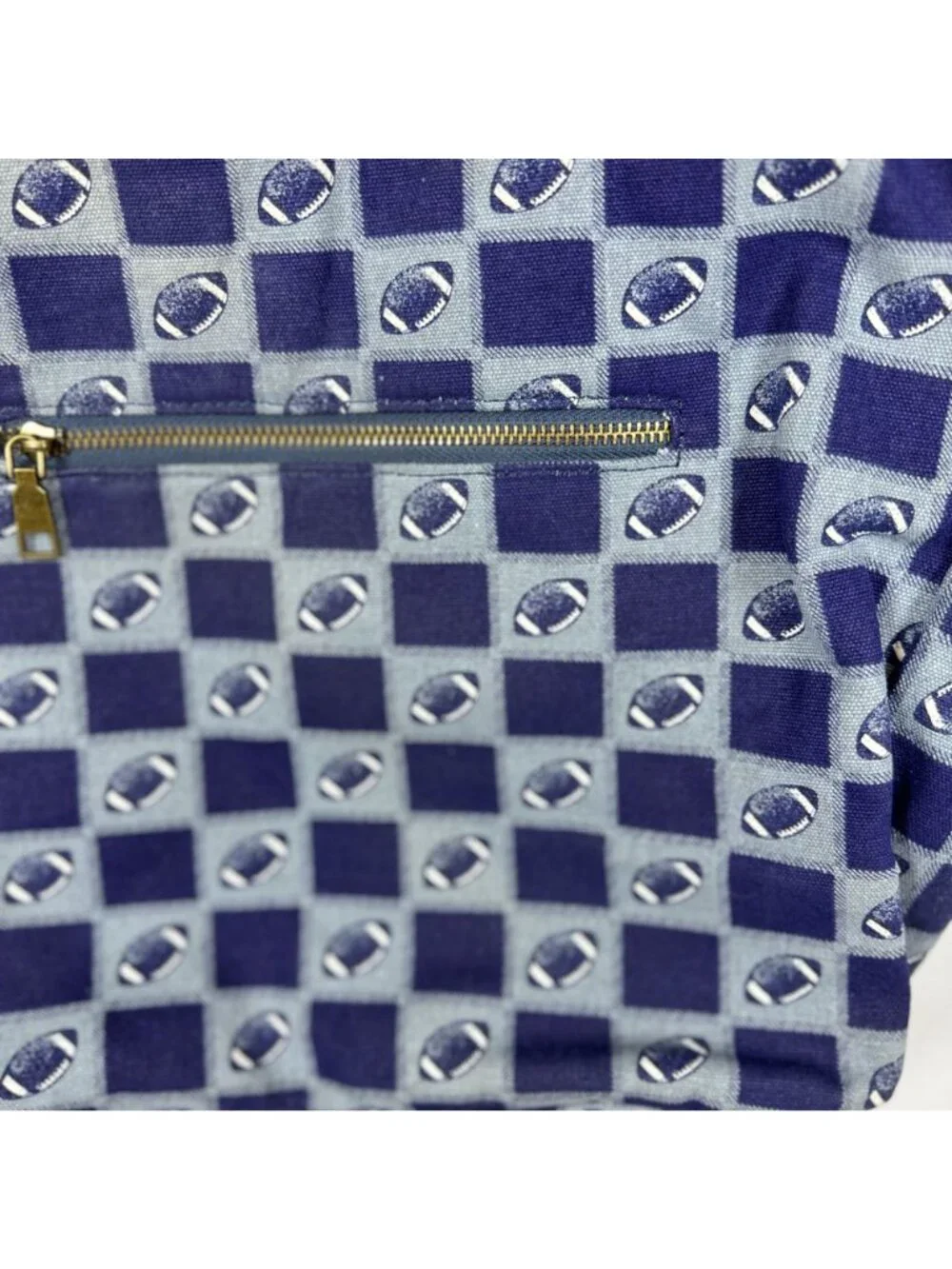 Farmhouse Is My Style Football Tote Rope Handles Blue Checkered Pattern Lined